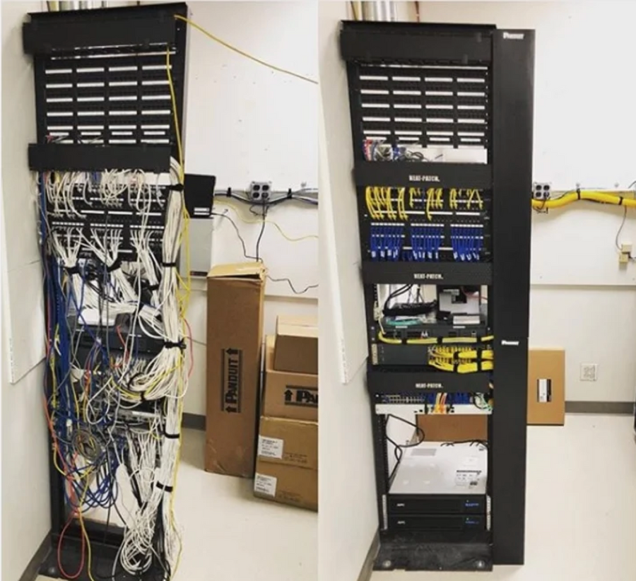 Before-and-after network rack cleanup showing organized cable management with NEAT-PATCH system installed
