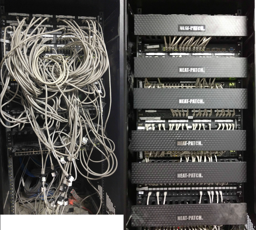 Before-and-after network cable management comparison showing chaotic cabling vs structured NEAT-PATCH rack system