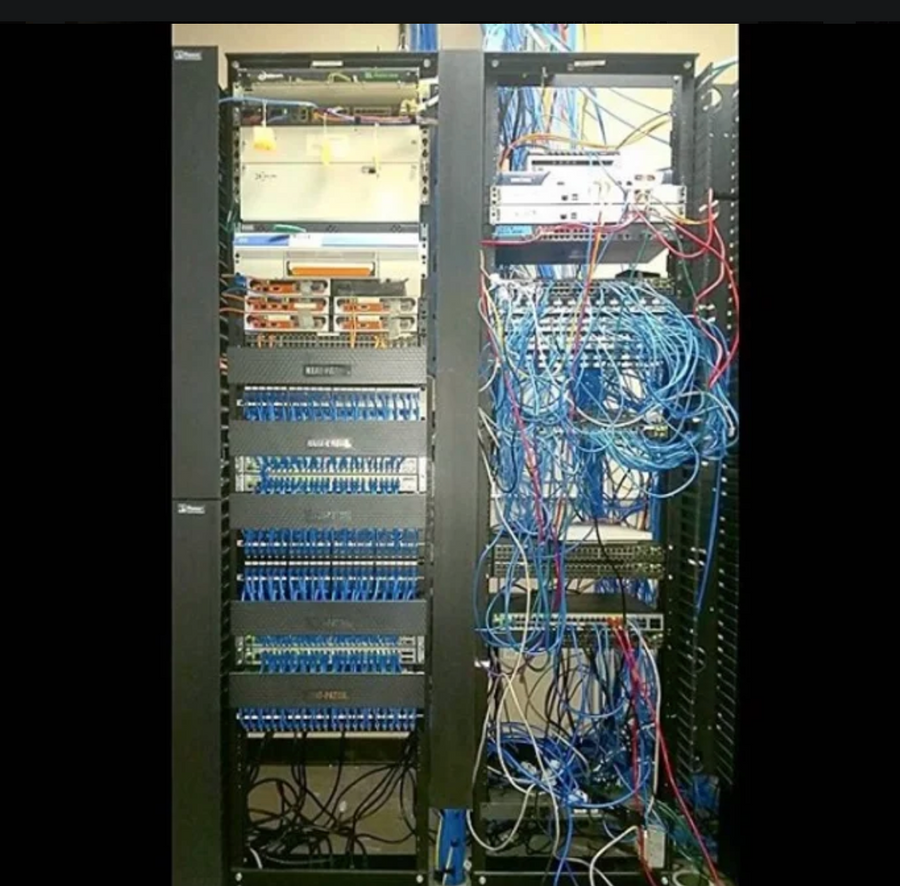 Side-by-side network rack comparison showing organized cable management versus unmanaged patch cord clutter