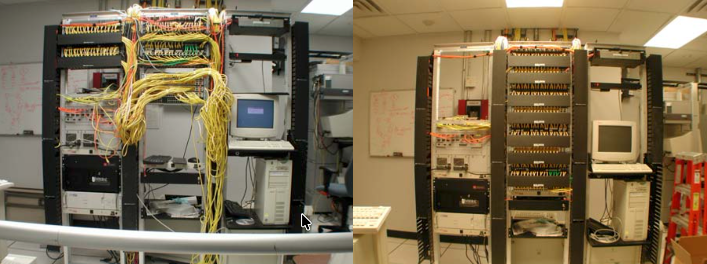 Before-and-after rack showing improved patch-cable organization and port access