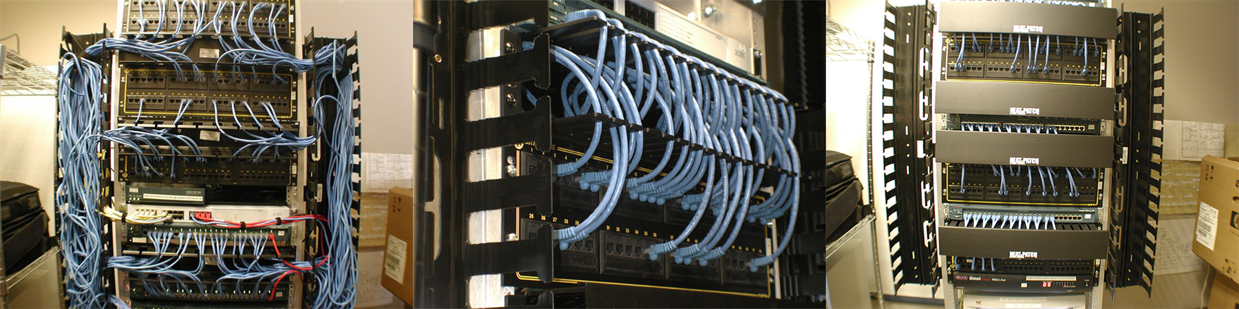 Traditional vertical cable management compared with controlled Neat-Patch 2-foot cable routing in a 19-inch rack.