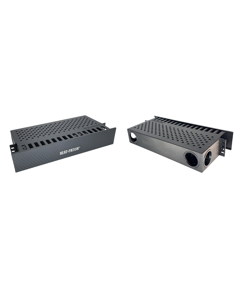 Neat Patch NP2 2U network cable manager showing front and angled views of the rack mounted cable management system