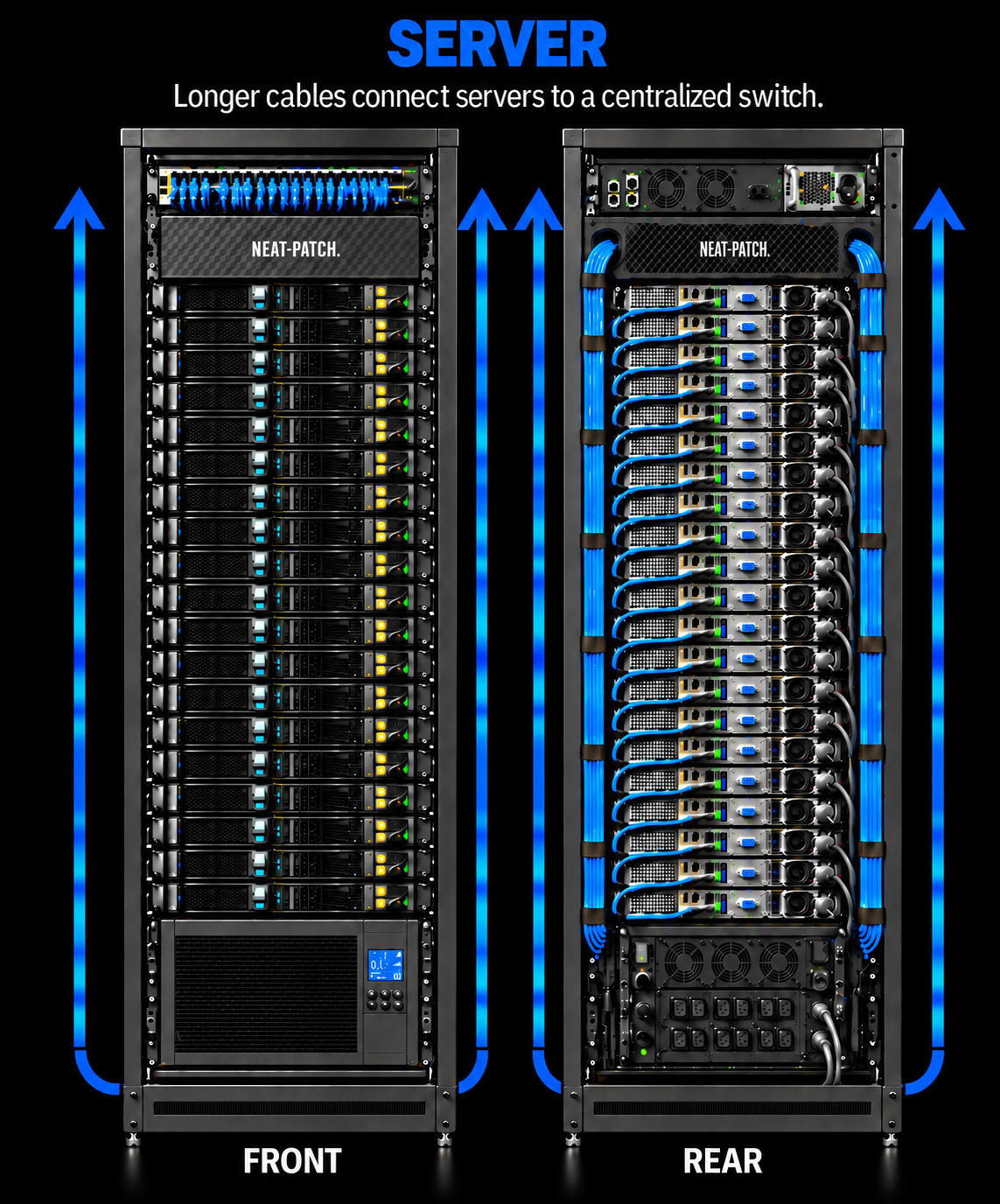 Server rack cabling routed toward a top-of-rack Ethernet switch
