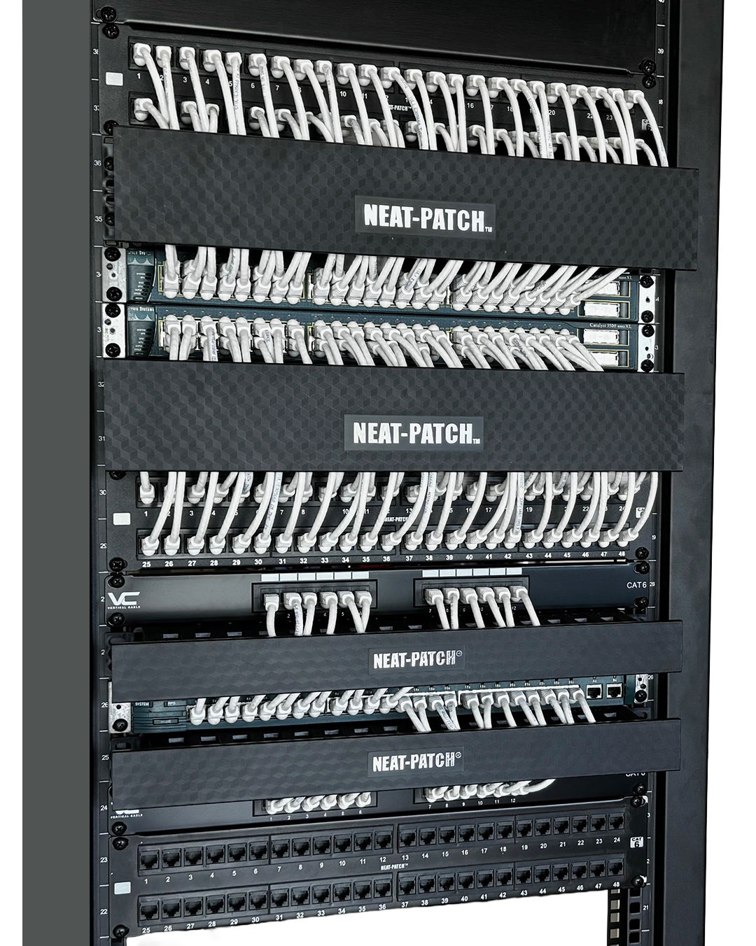 Neat-Patch 1U and 2U cable managers organizing 2-foot patch cables in a network rack