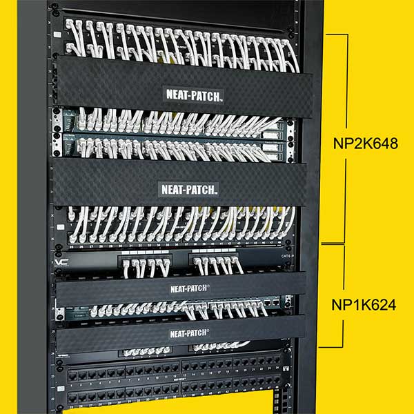 Network rack installation featuring both NEAT-PATCH NP2 and NP1 cable managers