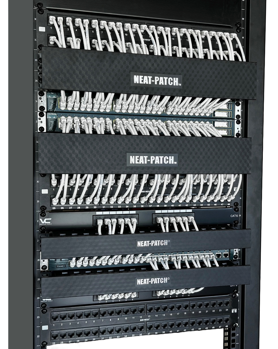 Network rack featuring NEAT-PATCH NP2 and NP1 cable managers delivering organized, high-density structured cabling