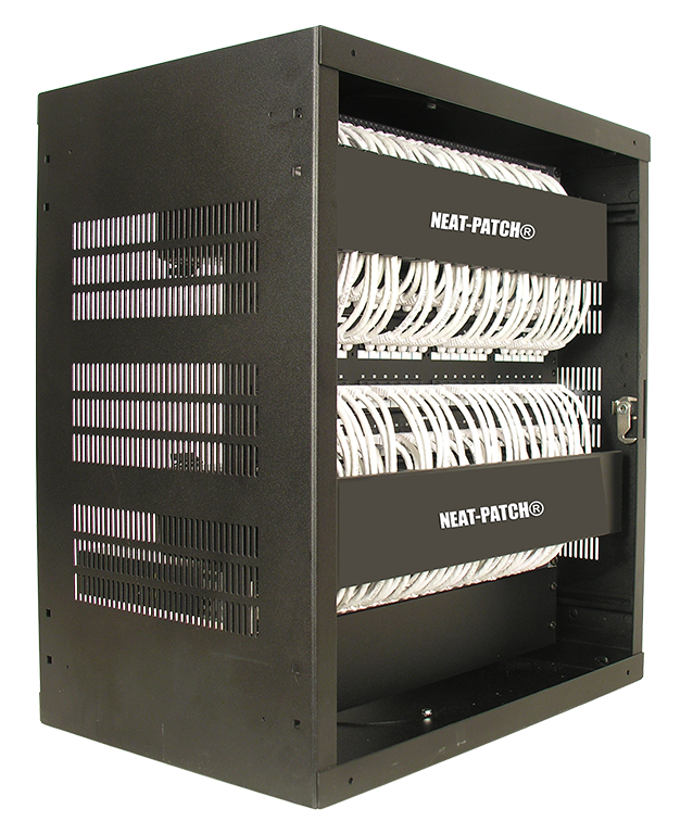 Compact 2-foot data cabinet supporting 96 network ports with NEAT-PATCH cable management and 2U expansion space